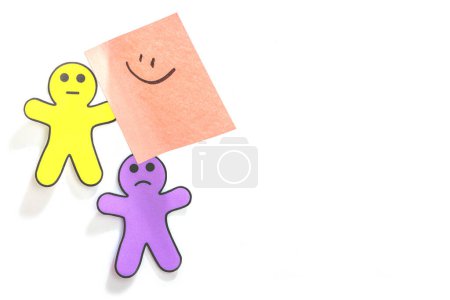 Photo for World mental health day. Paper men figures with different emotions. Feedback rating, customer review, experience, satisfaction survey or assessment concept, flat lay, white wall - Royalty Free Image