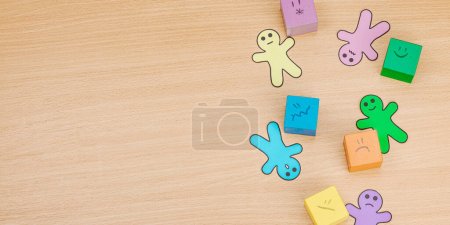 Photo for World mental health day. Paper men figures with different emotions. Feedback rating, customer review, experience, satisfaction survey or assessment concept, flat lay, wooden table, banner format - Royalty Free Image