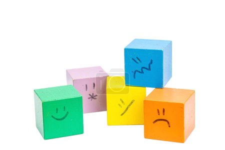 Photo for World mental health day. wooden cubes with different emotions. Feedback rating, customer review, experience, satisfaction survey or assessment concept, flat lay, selective focus - Royalty Free Image