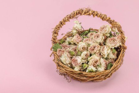 Photo for Creative composition with dry delicate roses in homemade wicker basket. Greeting card, pastel pink background, copy space - Royalty Free Image