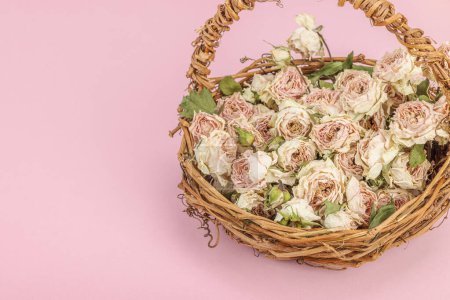 Photo for Creative composition with dry delicate roses in homemade wicker basket. Greeting card, pastel pink background, copy space - Royalty Free Image