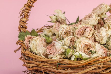 Photo for Creative composition with dry delicate roses in homemade wicker basket. Greeting card, pastel pink background, close up - Royalty Free Image