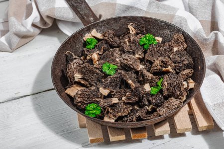 Raw black morel mushrooms with fresh parsley. Vegan ingredient for cooking healthy food. Hobby hunter concept, wooden background, close up