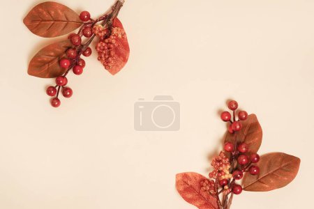 Foto de Marco de otoño de ramas rojas con bayas y hojas secas sobre fondo pastel. Otoño, concepto de otoño. Plano, vista superior, espacio para copiar - Imagen libre de derechos