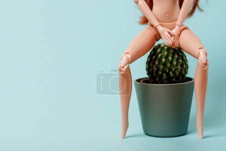 la poupée est assise sur un cactus. Structures vasculaires dans le rectum inférieur et concept de douleur aiguë, fond bleu avec espace de copie. Hémorroïdes