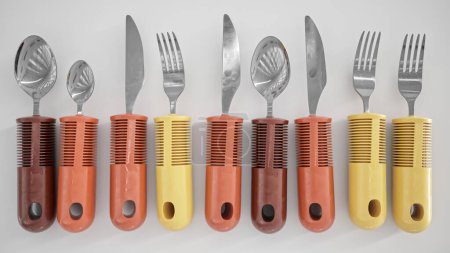 Photo for Ergonomic cutlery for the elderly, with arthritis, Parkinsons, apoplexy and the disabled -- 3D Rendering - Royalty Free Image