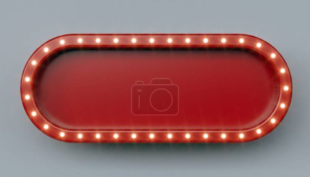 Cartelera retro roja en forma ovalada con luces de neón brillantes - - 3D Rendering