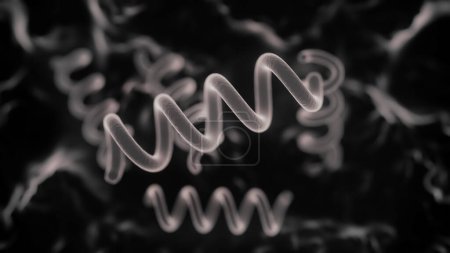 La bactérie Treponema pallidum, mise en évidence par des textures détaillées qui soulignent sa forme spirale. Présentation de l'interaction de la bactérie avec son environnement.