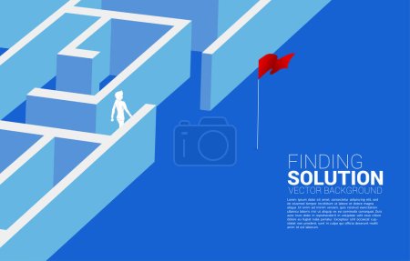Illustration for Silhouette of businessman find the way out from maze to red flag. business concept for finding solution and reach goal - Royalty Free Image