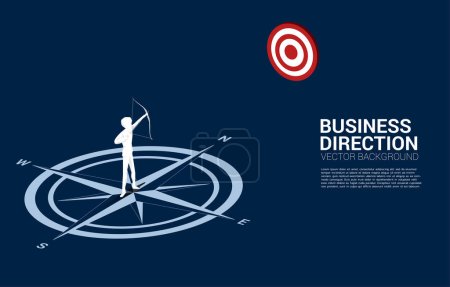 Businessman in suit shoot the arrow to target standing at center of compass on floor.Concept of career path and business direction.