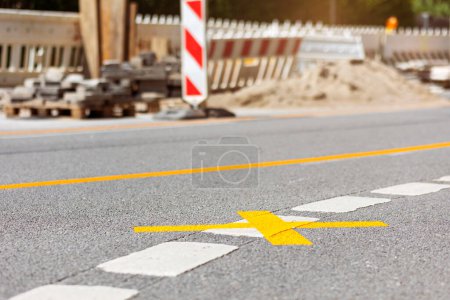 Photo for Road Closed with Yellow road Sign on Asphalt Path. Repair Road under Construction. Temporary Yellow Road Marking Sign. Road Works sign. - Royalty Free Image