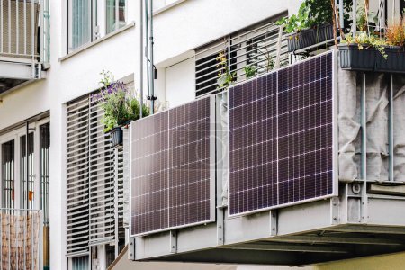 Photo for Balcony Solar Panels of Modern Apartment Building. Solar Green Energy of Eco Building. - Royalty Free Image