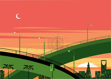 Illustration for Ramadan Crescent Moon over Riyadh Skyway and cityscapes - Royalty Free Image