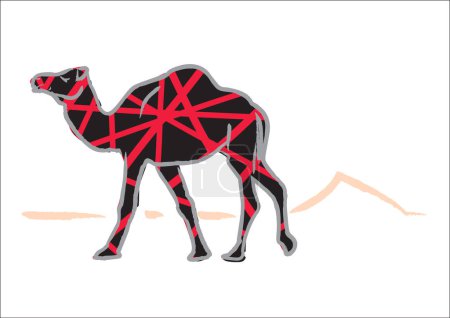 Téléchargez les illustrations : Chameau abstrait aux couleurs rouges et noires marche sur une terre désertique linéaire. Clip Art modifiable. - en licence libre de droit