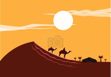 Téléchargez les illustrations : Une caravane de chameaux dans un camp désertique. Clip Art modifiable. - en licence libre de droit