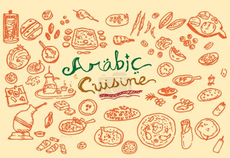 Illustration pour Cuisine Arabe Doodle art. Clip Art modifiable. - image libre de droit