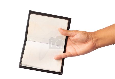 Téléchargez les photos : Bloc-notes ouvert tenu par une main sur fond blanc - en image libre de droit