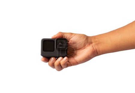 small black action camera on white background