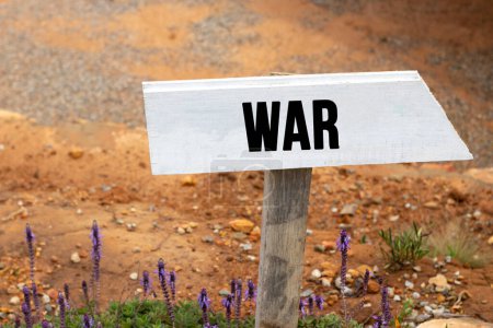 Foto de Letrero de madera blanca con la palabra guerra enterrada en el suelo - Imagen libre de derechos
