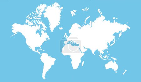 full white world map with all continents on blue background