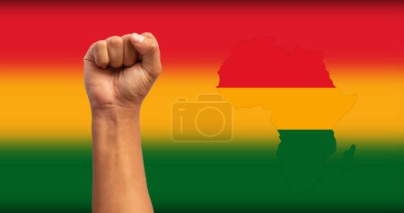 Photo for Hand up in fist with defocused flag of black history month - Royalty Free Image