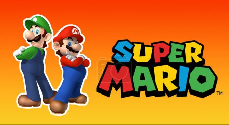 Foto de Mario y luigi con logo super mario bros con fondo naranja - Imagen libre de derechos