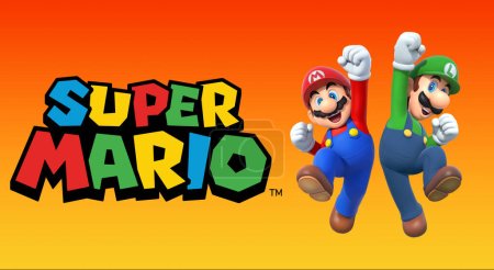 Foto de Mario y luigi saltando junto al logo super mario en fondo naranja - Imagen libre de derechos