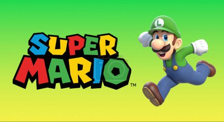 Foto de Luigi haciendo un pequeño salto con el logo super mario sobre fondo verde - Imagen libre de derechos