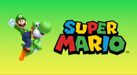 Photo for Luigi riding on Yoshi with the super mario logo on green background - Royalty Free Image