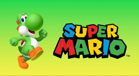Foto de Yoshi original en 3d dando un pequeño salto sobre un fondo verde junto al logotipo de Super Mario - Imagen libre de derechos