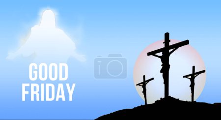 Téléchargez les photos : Croix de Pâques avec un fond soleil sur un fond bleu avec un fond luisant de nuages et texte du vendredi saint - en image libre de droit