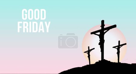 Téléchargez les photos : Croix de Pâques avec un soleil en arrière-plan sur un fond bleu avec un texte qui dit Vendredi Saint - en image libre de droit