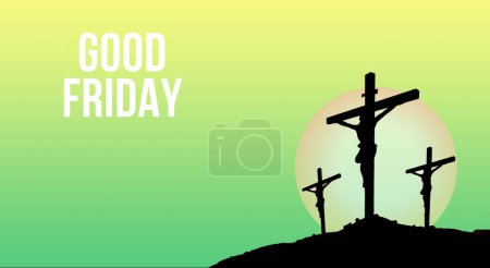 Téléchargez les photos : Croix de Pâques avec un soleil en arrière-plan sur un fond vert avec un texte qui dit Vendredi Saint - en image libre de droit