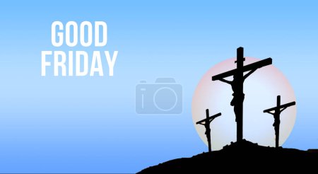 Téléchargez les photos : Croix de Pâques avec un soleil en arrière-plan sur un fond bleu avec un texte Vendredi saint - en image libre de droit