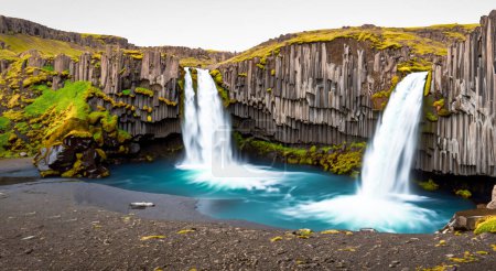 erstaunliche und schöne Wasserfälle, die von der Spitze in Island in der Mitte eines Sees fallen