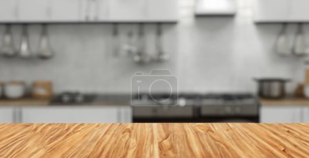 Photo for Defocused beautiful well tidy and clean kitchen with a new painted focused table - Royalty Free Image