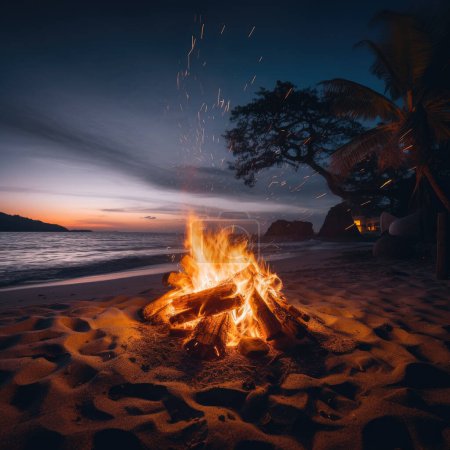 Téléchargez les photos : Beau feu de joie au milieu d'une plage la nuit en haute définition HD - en image libre de droit