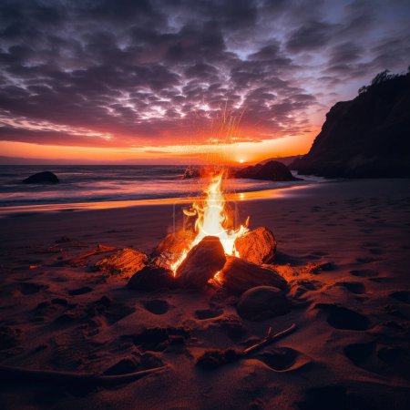 Téléchargez les photos : Beau feu de joie au milieu d'une plage la nuit en haute définition et haute netteté HD - en image libre de droit