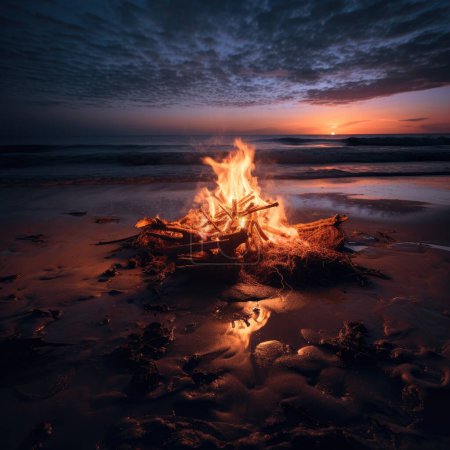 hermosa hoguera en medio de una playa por la noche
