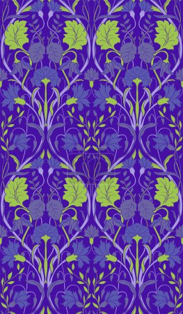 Téléchargez les illustrations : Ornement floral oriental violet et vert. Modèle coloré pour papier peint, tapis, textile et toute surface. Modèle ornemental avec détails filigranés. - en licence libre de droit