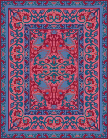 Téléchargez les illustrations : Tapis oriental bleu et rose. Motif floral avec cadre. Modèle pour textile, tapisserie, tapis - en licence libre de droit