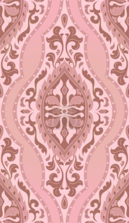 Illustration for Oriental pink traditional ornament. Damask pattern with filigree details.  Vector template for a carpet, wallpaper, textile and any surface. - Royalty Free Image