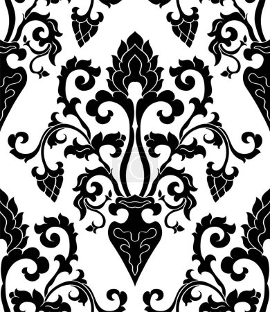 Illustration for Black and white floral pattern. Vector damask seamless background.  Victorian ornament with stylized flowers. Template for wallpaper, textile, carpet. - Royalty Free Image