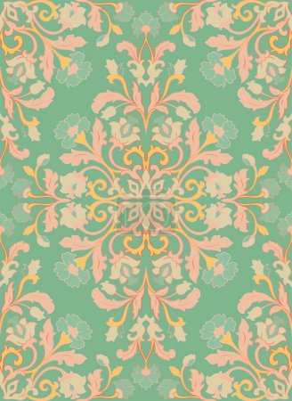 Illustration for Pink and green vintage floral pattern. Traditional ornament for a carpet, textile and any surface. Ornamental backgroun with filigree details. - Royalty Free Image