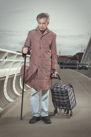 Téléchargez les photos : Personne âgée marchant seule sur le pont fluvial de la ville pendant la journée - en image libre de droit
