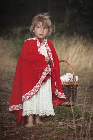 Photo for Little red riding hood with basket of food waiting for wolf in forest - Royalty Free Image
