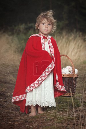 Photo for Little red riding hood with basket of food waiting for wolf in forest - Royalty Free Image