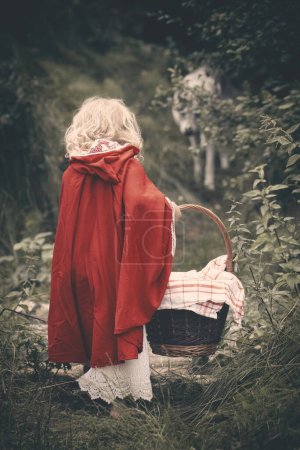 Foto de Caperucita roja con cesta de comida esperando lobo en el bosque - Imagen libre de derechos