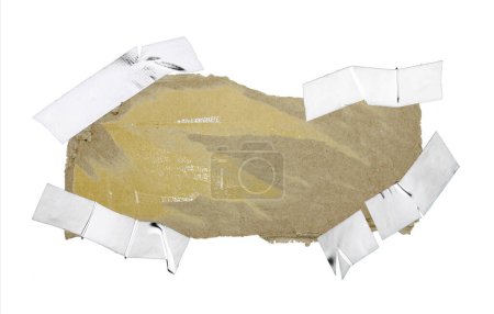 Foto de Una hoja de papel corrugado se desgarra en pedazos aislados sobre fondo blanco - Imagen libre de derechos
