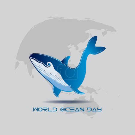 Téléchargez les illustrations : Journée mondiale de l'océan avec une baleine comme mascotte logo - en licence libre de droit